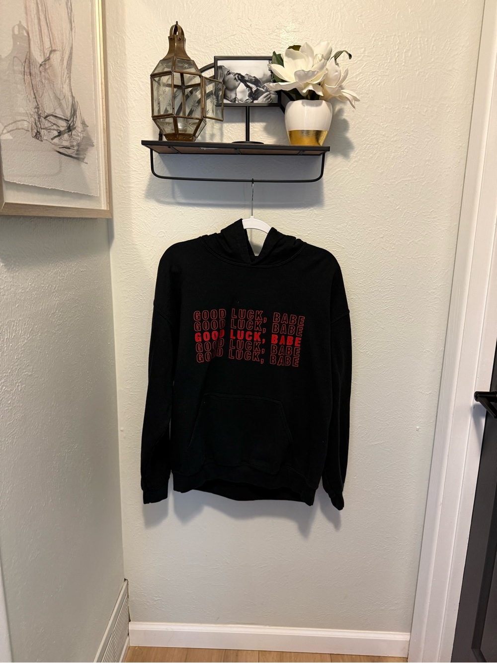 Gildan Black Hoodie with Repeated Red "Good Luck, Babe" Print